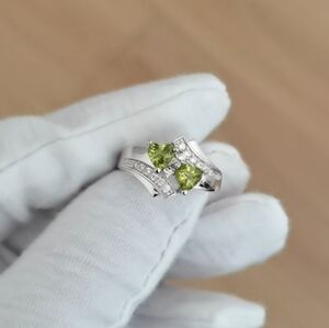 Double Heart Peridot Sterling Silver Ring - Free Shipping
